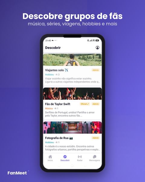 Ecrã de descoberta de grupos de fãs